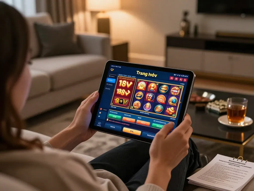 Person enjoying online casino gaming on Trang chủ 188V, with a tablet showing betting options and cozy decor.