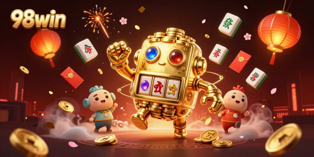 Immerse in the world of 98win with a cartoon golden golem surrounded by lively casino elements.