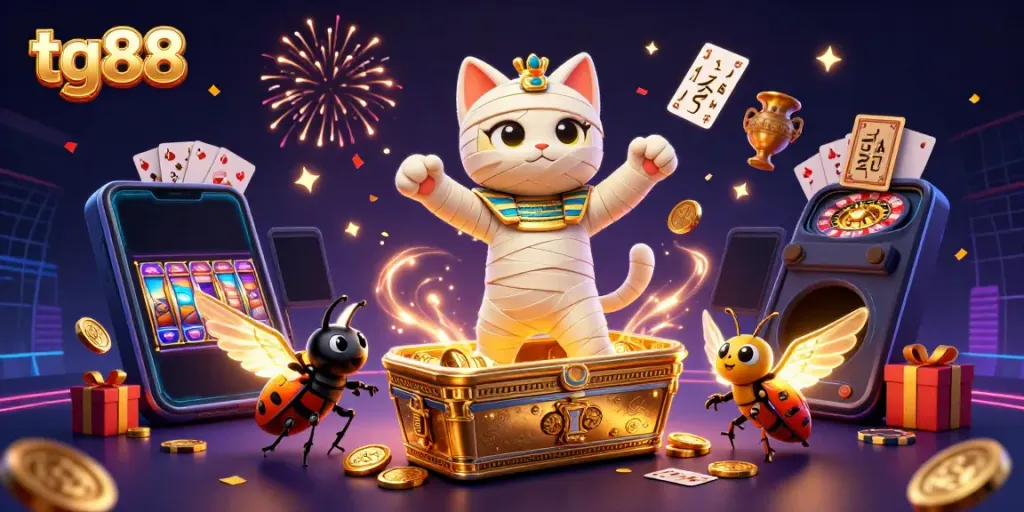 Experience thrilling winnings at tg88 with a vibrant illustration of a mummy cat bursting from a casino sarcophagus.