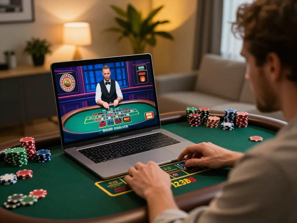 Player enjoying live dealer games on 123B online casino platform at a cozy home office.