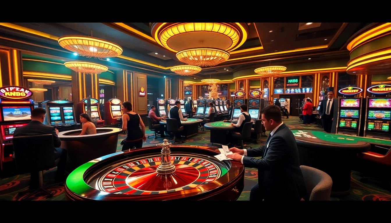 Thrill of high-stakes gaming at NK88 casino with roulette and poker tables
