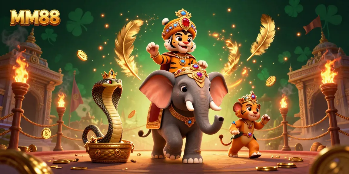 Engage with MM88 opportunities in a vibrant casino scene featuring a majestic elephant and a tiger.
