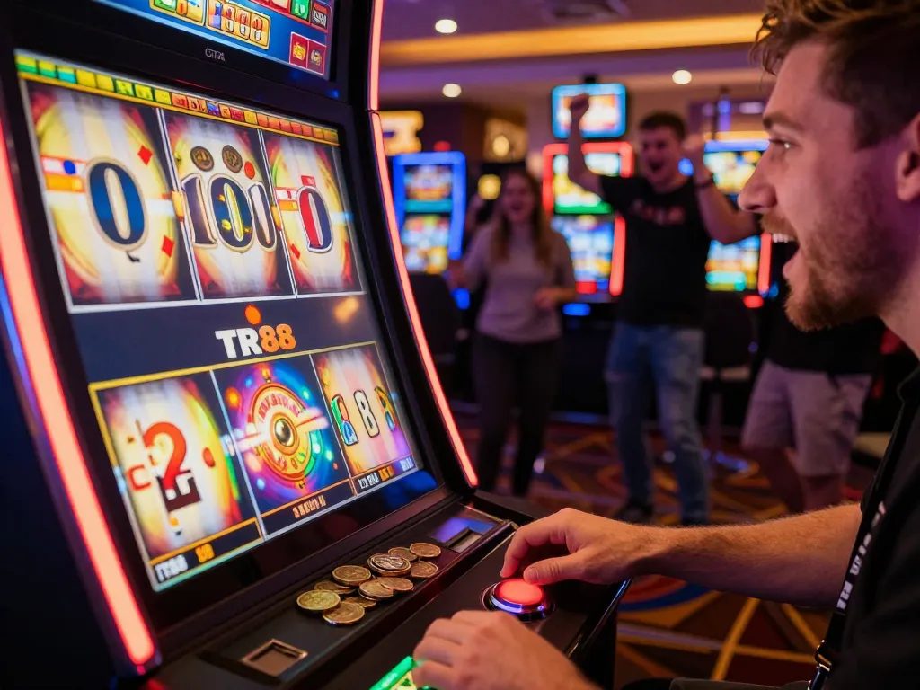 Player enjoying TR88 slot machine with excited anticipation during a vibrant casino experience