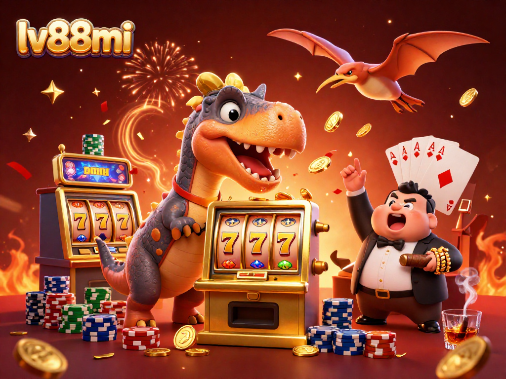 lv88mi casino excitement as cartoon dinosaurs celebrate winning slots and poker hands