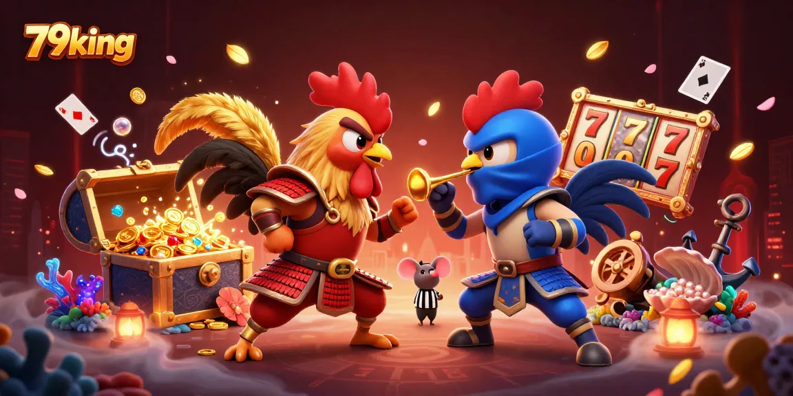 Experience the thrill of 79king with dynamic twin roosters battling it out in an exciting casino setting.