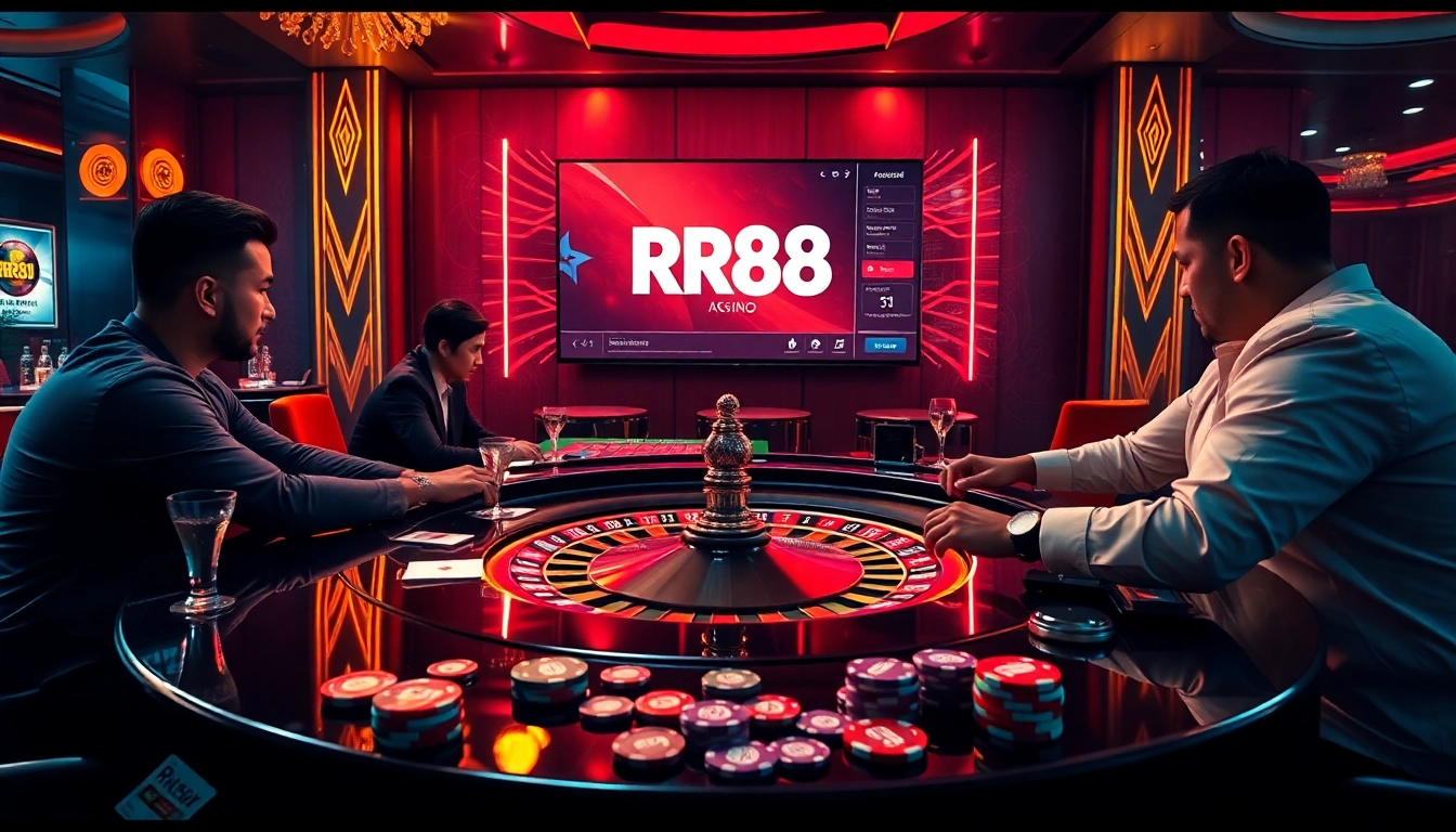 Players at RR88 enjoy an exciting game of roulette with colorful chips and cards.