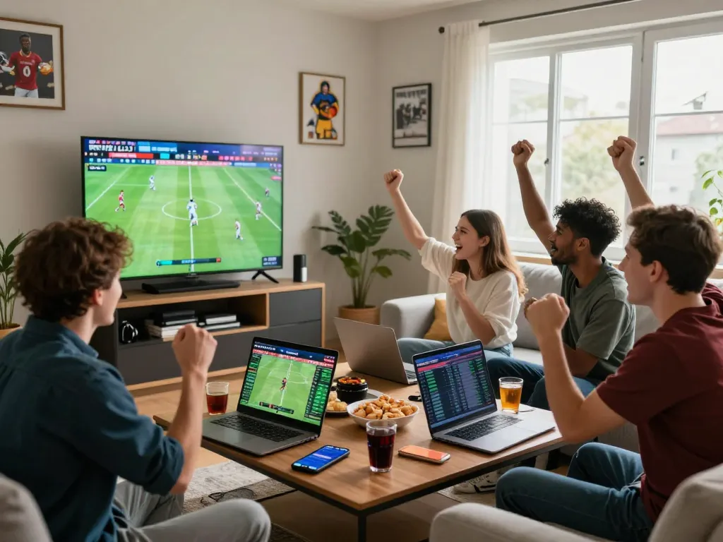 Friends enjoying a lively sports betting night together, engaging with rikbet on multiple devices.