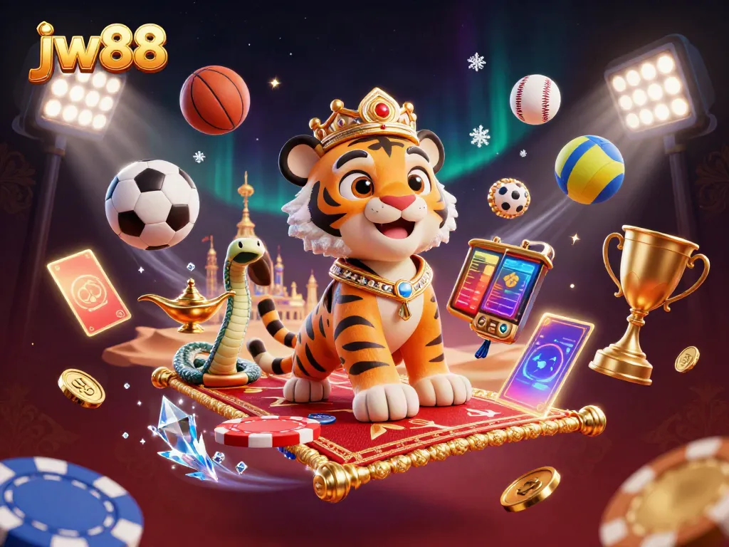 Experience thrilling action at jw88 with a dynamic 3D illustration featuring sports and casino elements.