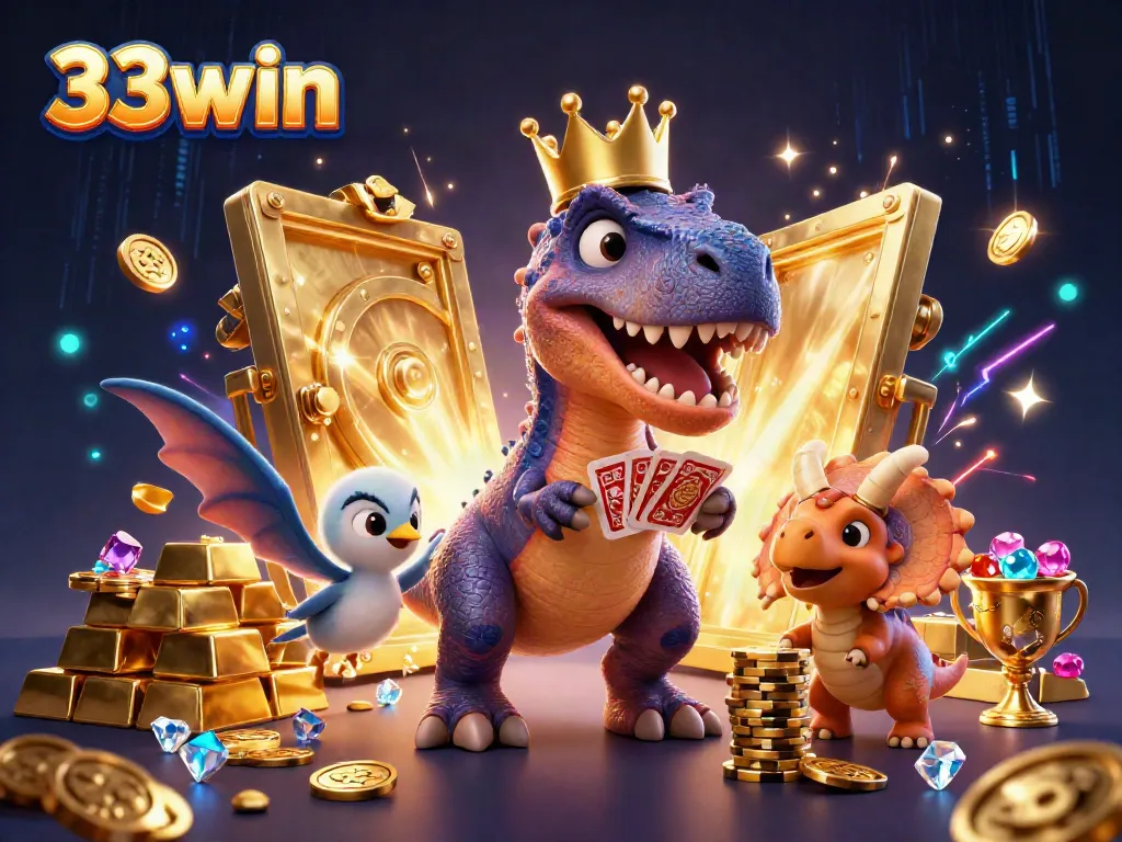 33win showcases a playful T-Rex and friends in a vibrant casino scene full of treasure.