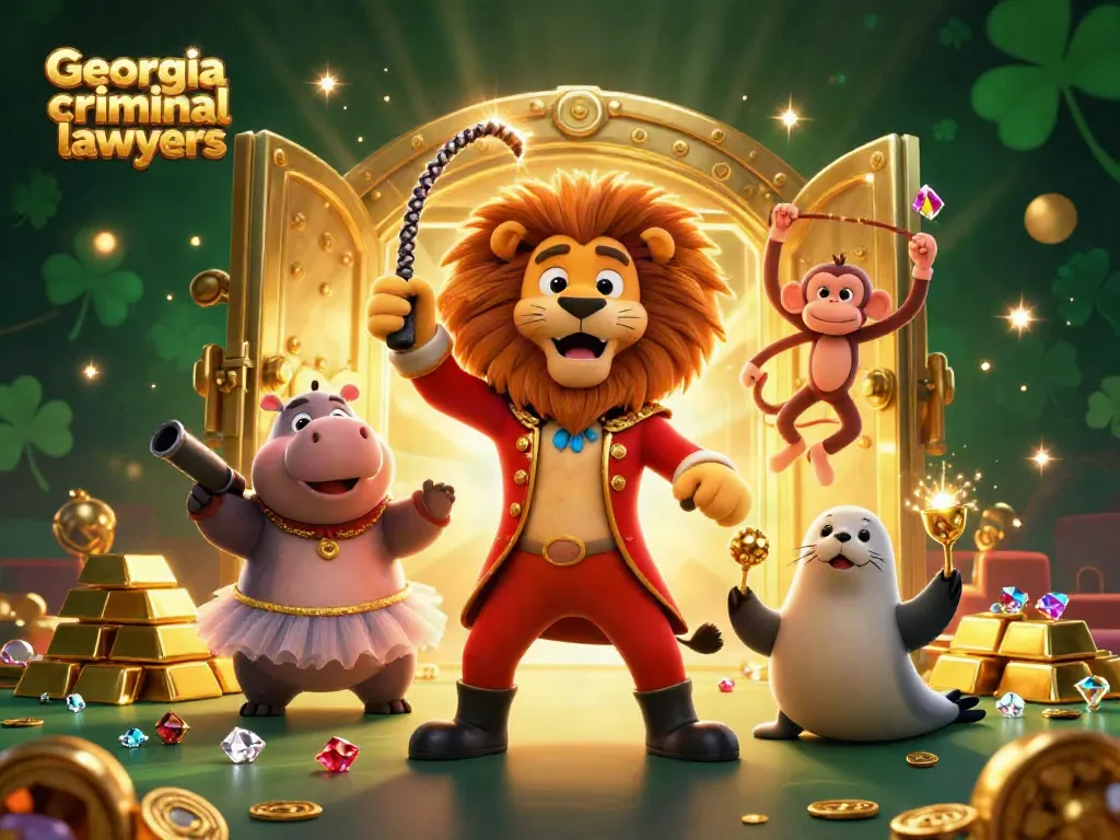 A dynamic scene with Georgia criminal lawyers featuring a lion ringmaster, juggling seal, and hippo with casino elements around them.
