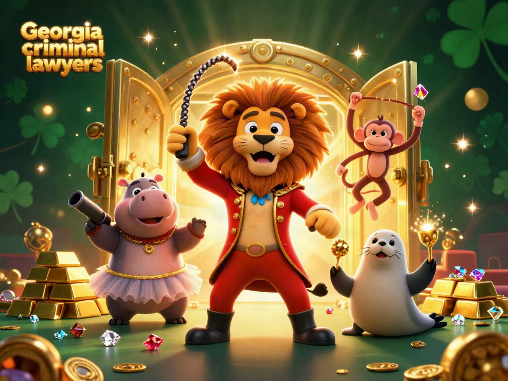 A dynamic scene with Georgia criminal lawyers featuring a lion ringmaster, juggling seal, and hippo with casino elements around them.