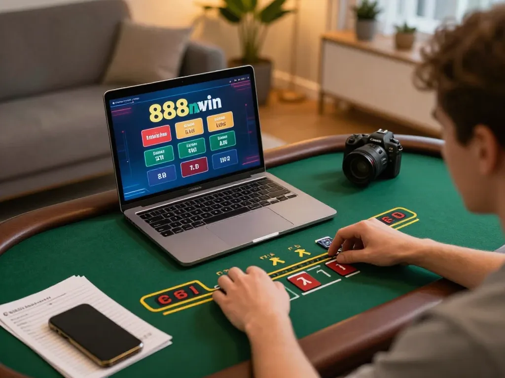 Experience the thrill of 888new win with strategic gameplay at an online blackjack table in a cozy home.