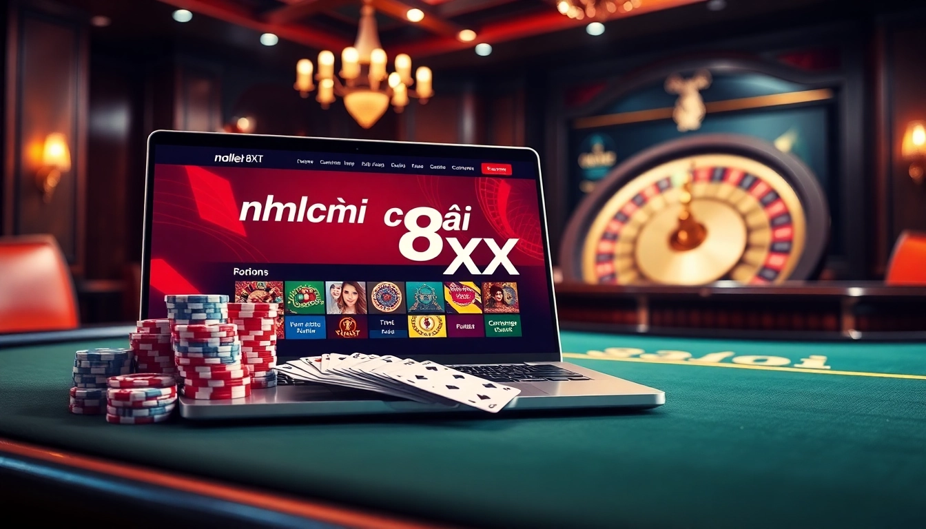 Visual showcasing the vibrant online casino experience at nhà cái 8XX with poker chips and cards.