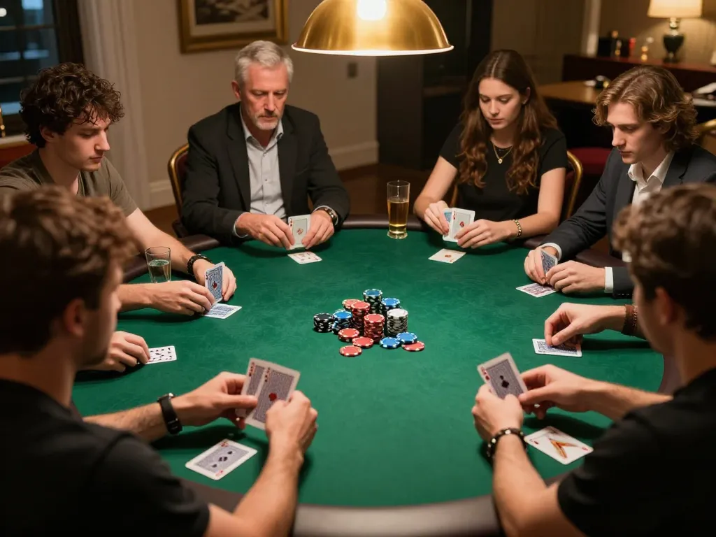 KJC players engaged in strategic poker gameplay during an upscale home game night.