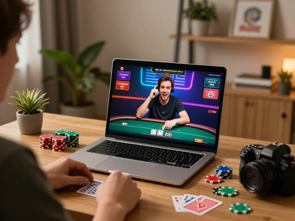 Luck8 online poker gameplay with cozy home setup showcasing strategic betting moments.