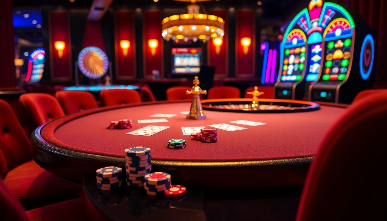 Iwin gaming table showcasing vibrant chips and cards in a luxurious casino setting.