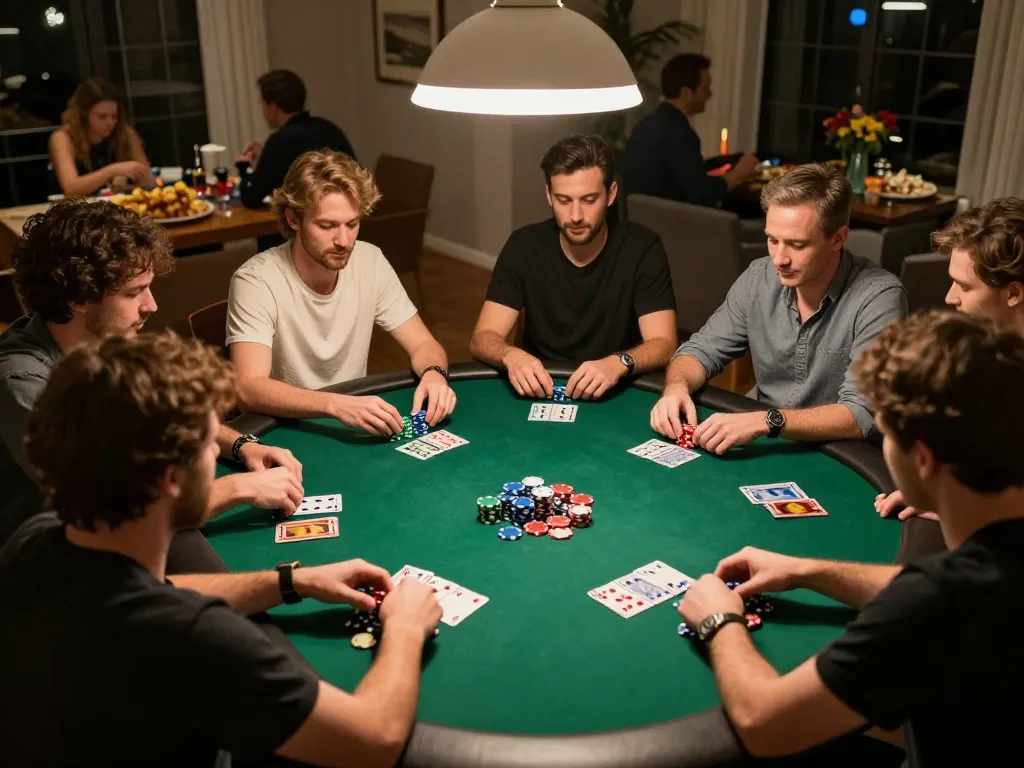 Players enjoy intense poker session at home with onbet branding, showcasing competitive spirit and fun.