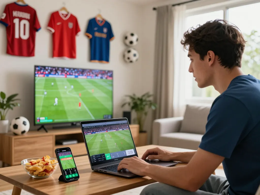 Football fan engaged with nowgoal for live scores and match analysis in a lively home setting.