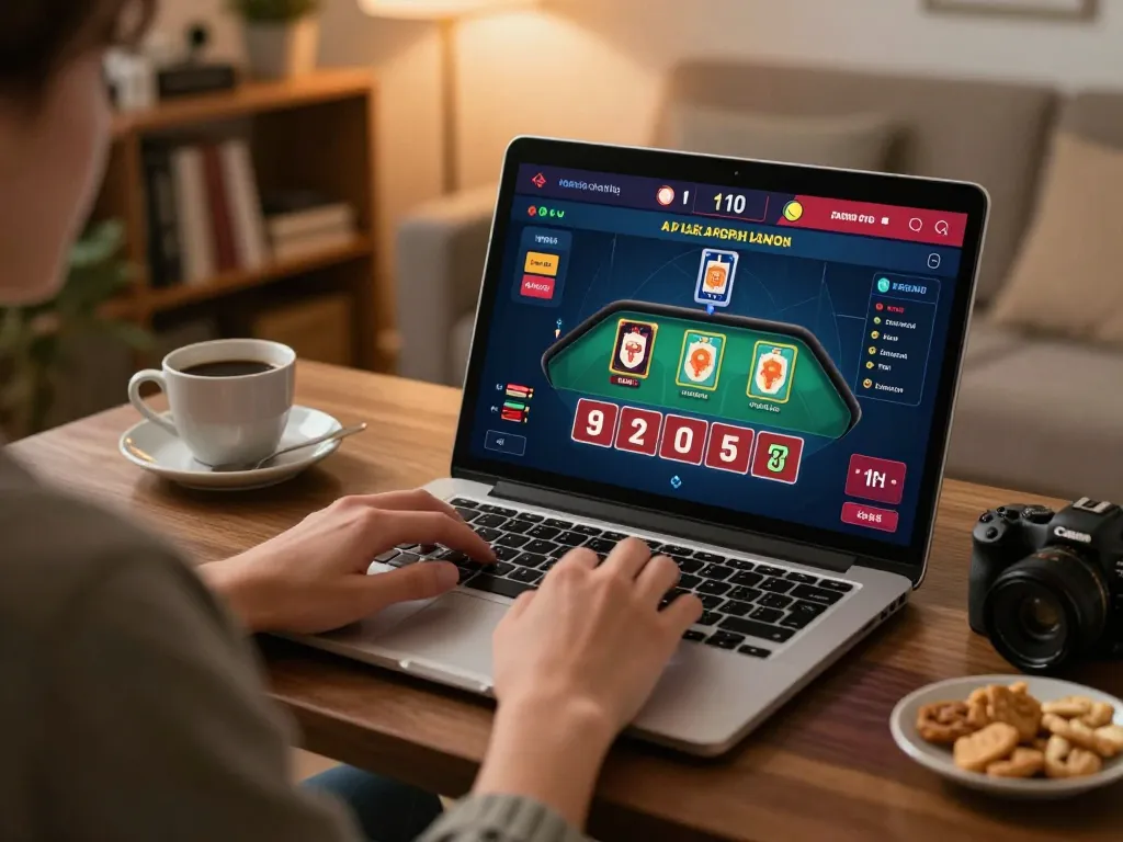 Player engaging in live dealer games on laptop for 555WIN, showcasing comfortable home setting