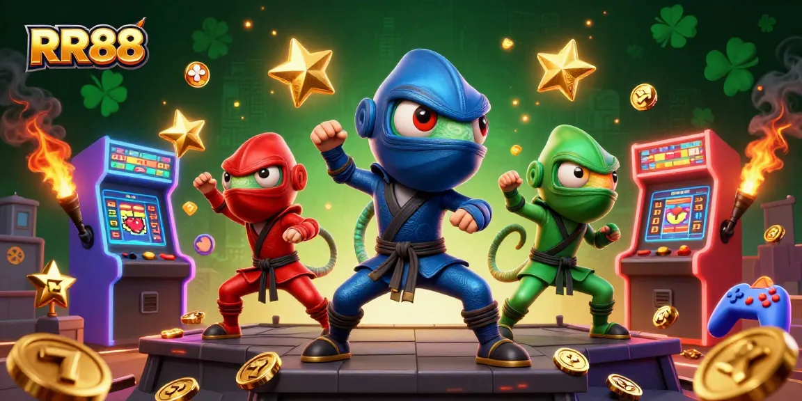Engage with RR88's vibrant casino world featuring dynamic martial artists and arcade elements.