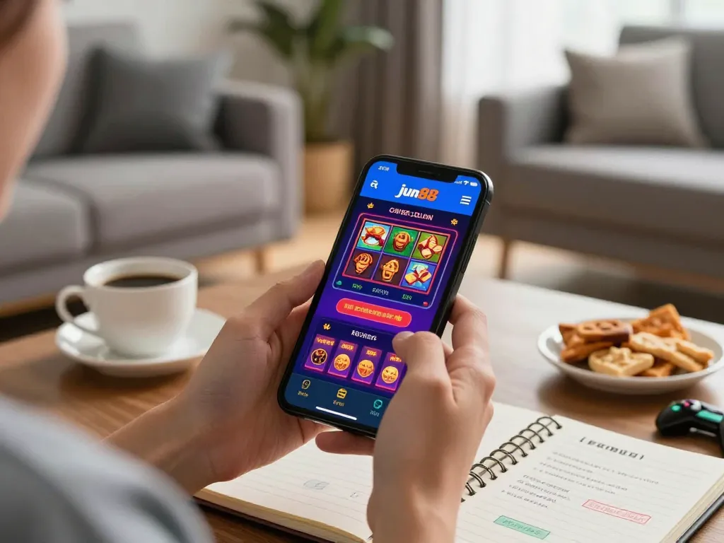 Player using jun88 mobile app for online casino gaming at home, showcasing dynamic betting options and game graphics.