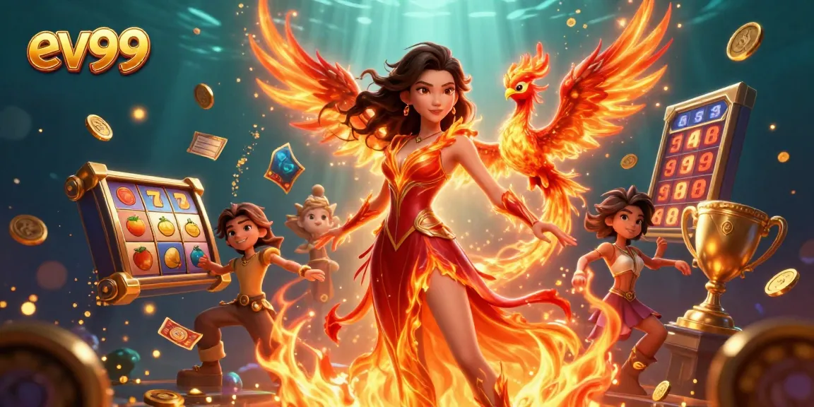 Win at ev99 with an enchanting scene featuring fiery characters amidst dynamic slot game elements.