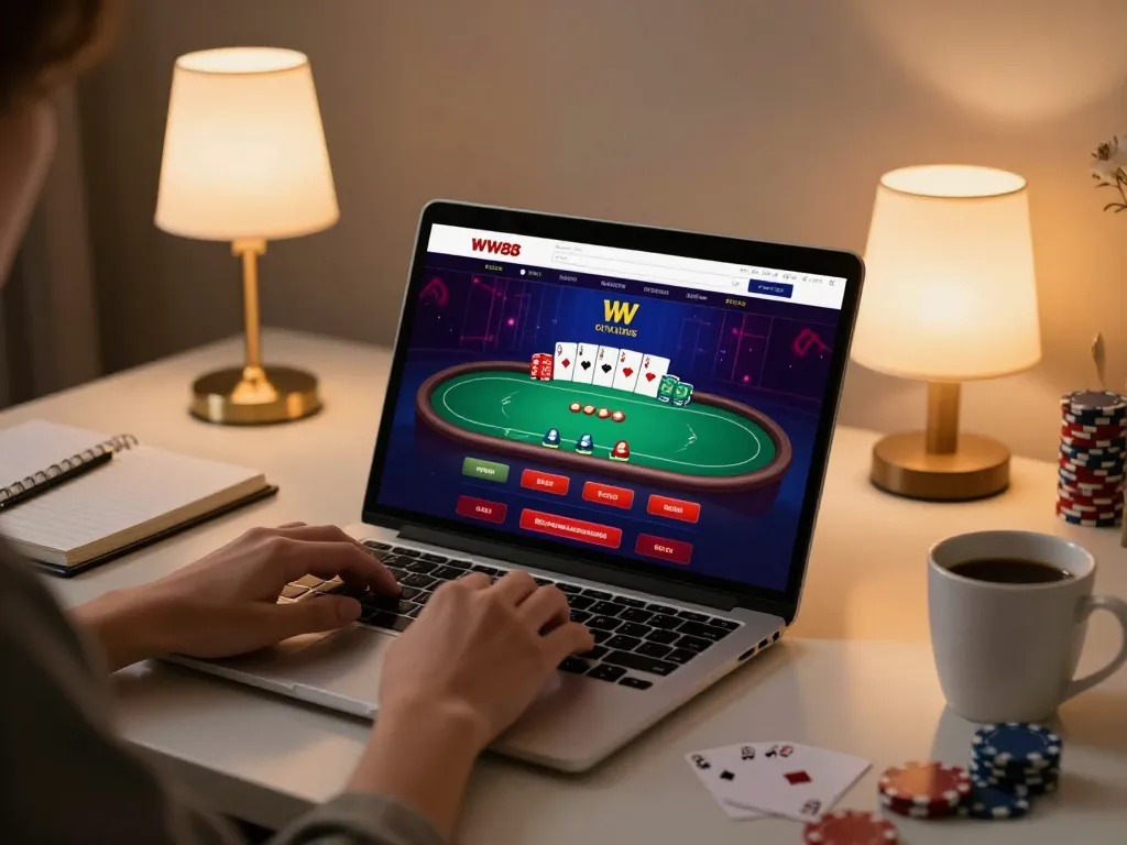 Engaging in online poker gameplay at WW88's platform with a warm, inviting atmosphere.