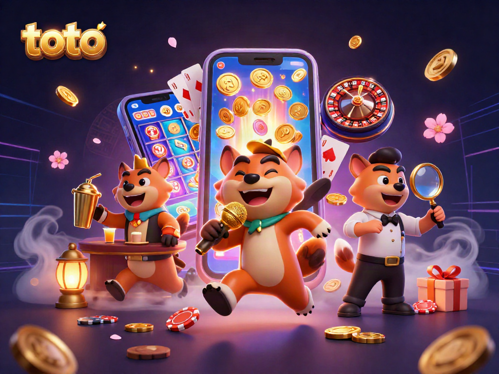Toto-themed casino illustration showing hyenas engaging in gaming activities and entertainment