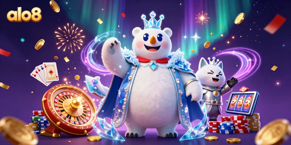 Join the excitement at alo8, where golden coins cascade and the king bear reigns in a dazzling casino scene.