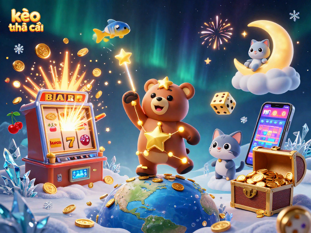 Engage with kèo nhà cái in this vibrant, dynamic casino scene filled with jackpots and festive elements.