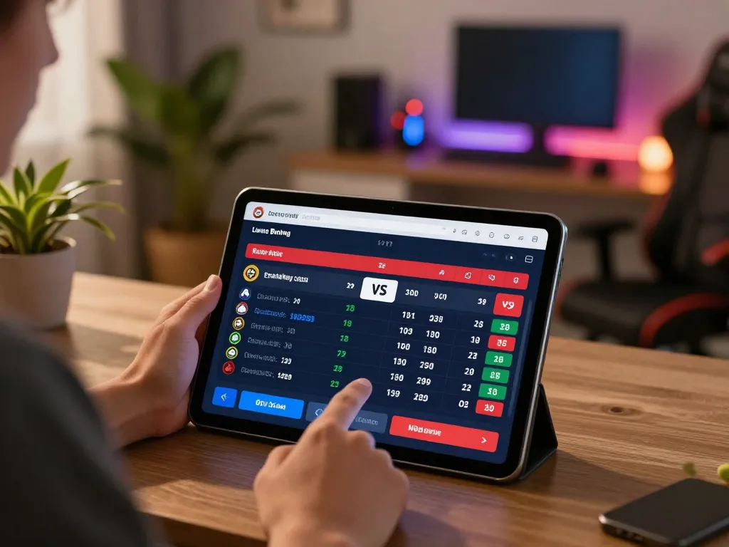Engaged player analyzing keonhacai sports betting odds on a tablet in stylish home setting.