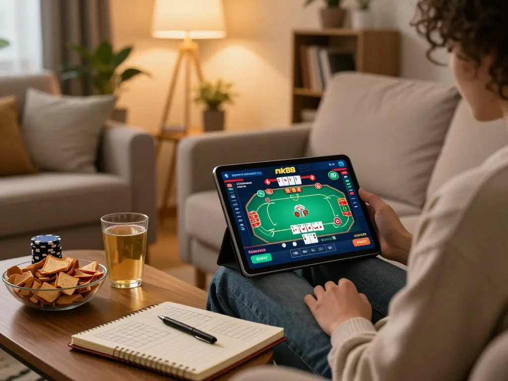 Engaged in online poker on the nk88 app, showcasing strategic gameplay from a cozy home setting.