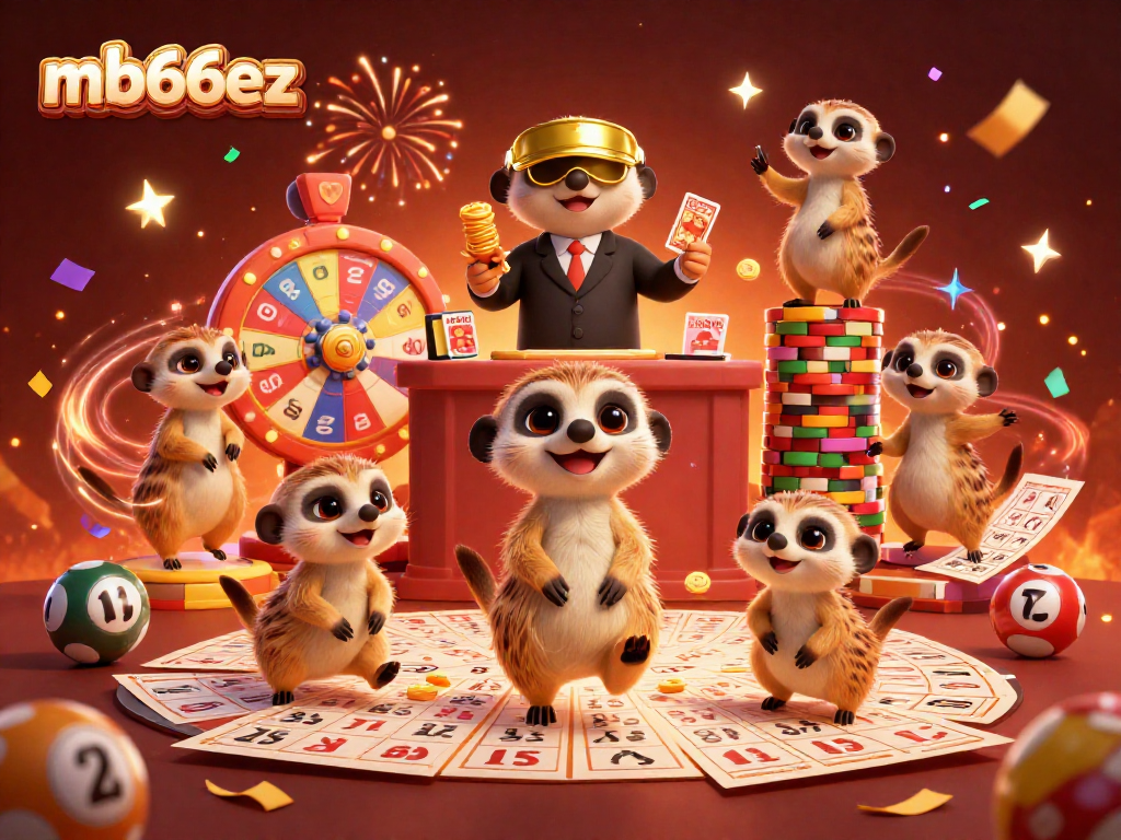 Engage in exciting lottery games with mb66ez's meerkat casino illustration full of vibrant energy.