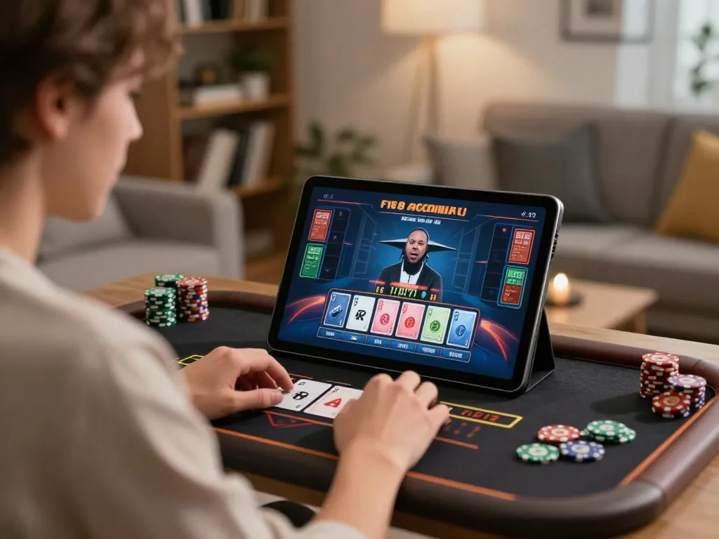 Engaging moment of a player enjoying baccarat on F168's live dealer casino app in a cozy home setting