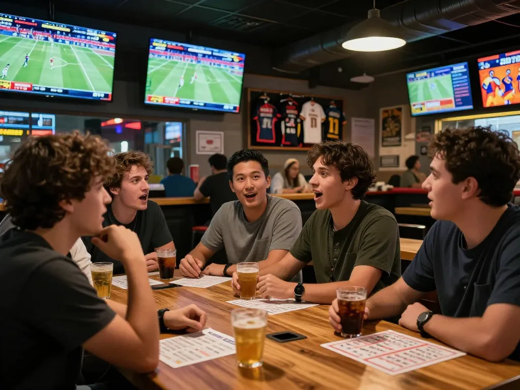 Friends celebrating a win while placing bets through fooballl at a lively sports bar.