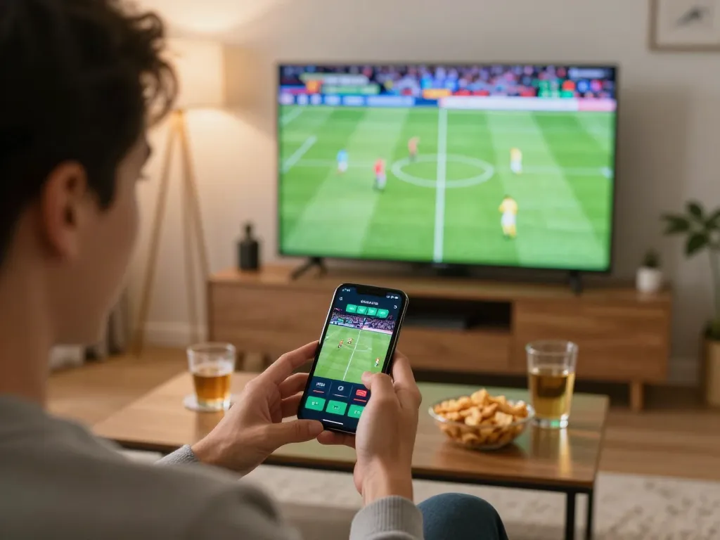 Betting on football live with xx88 app on smartphone in a cozy setting.