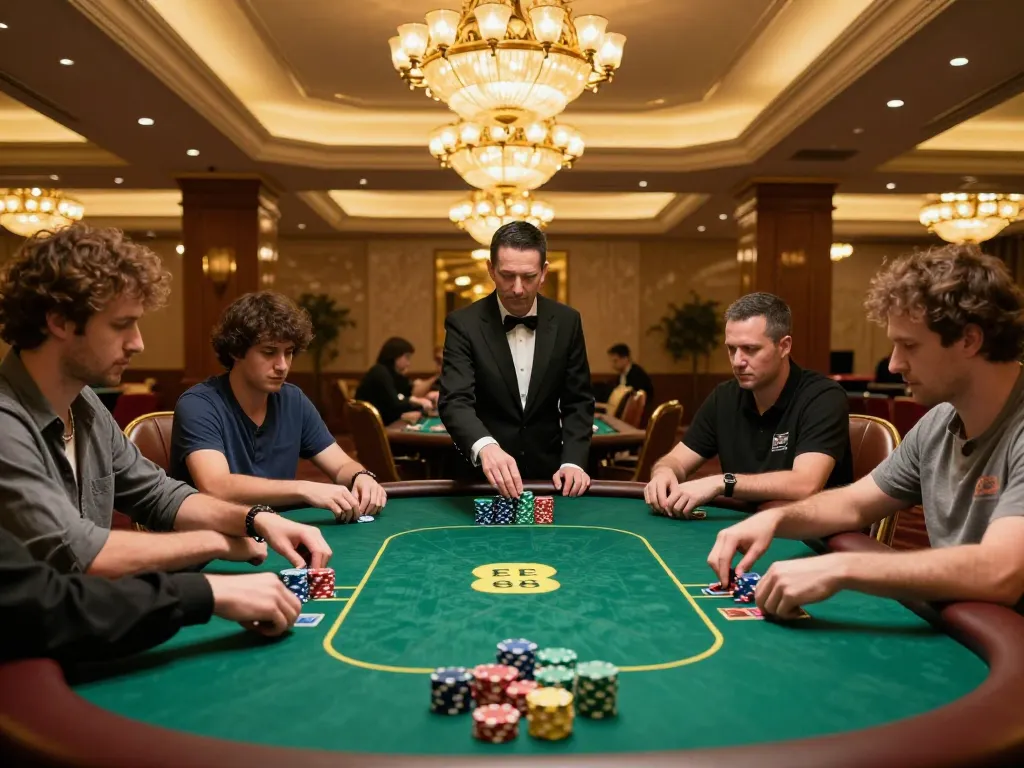 EE88 poker players strategizing at a high-stakes table in a luxurious casino.