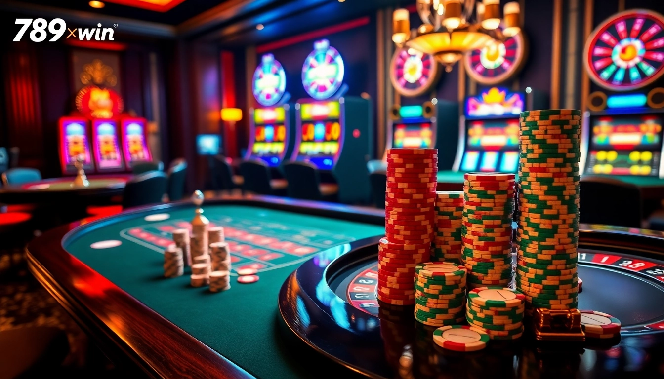 Experience the thrill at 789win's elegant casino scene with roulette, poker, and vibrant slot machines.