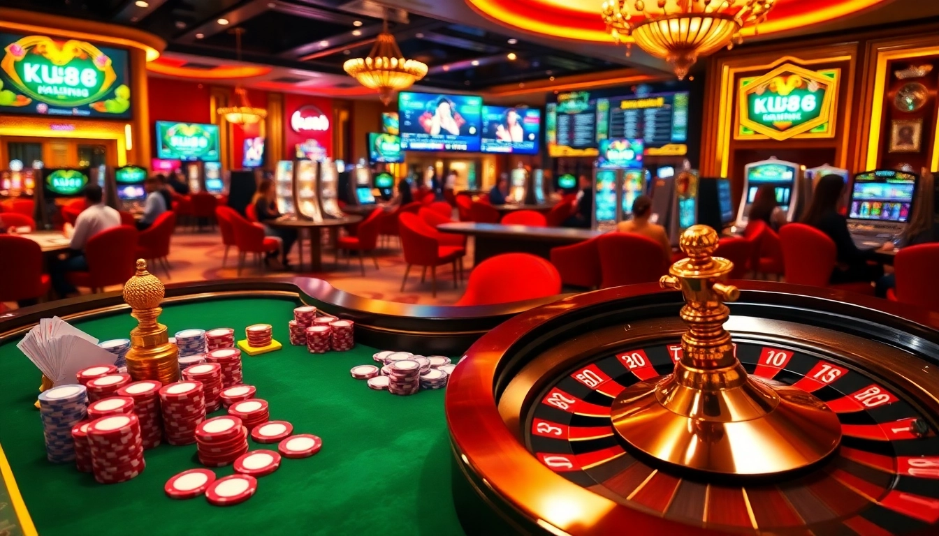 Engaging gamblers at Ku88 casino with vibrant poker and roulette scenes.