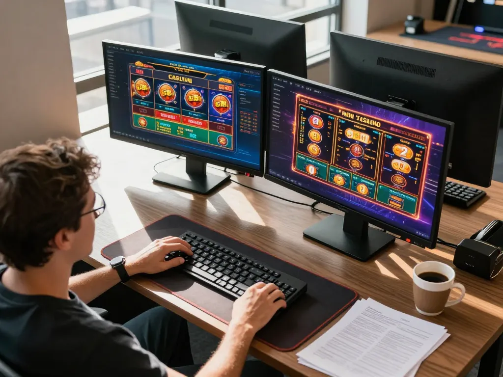 Engaging online casino gaming experience on gi8 with dual monitors showcasing exciting gameplay.