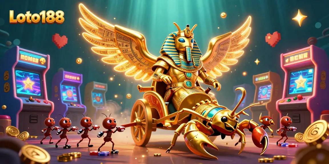 Engage with Loto188's thrilling gambling world featuring a golden scarab and dazzling game elements.