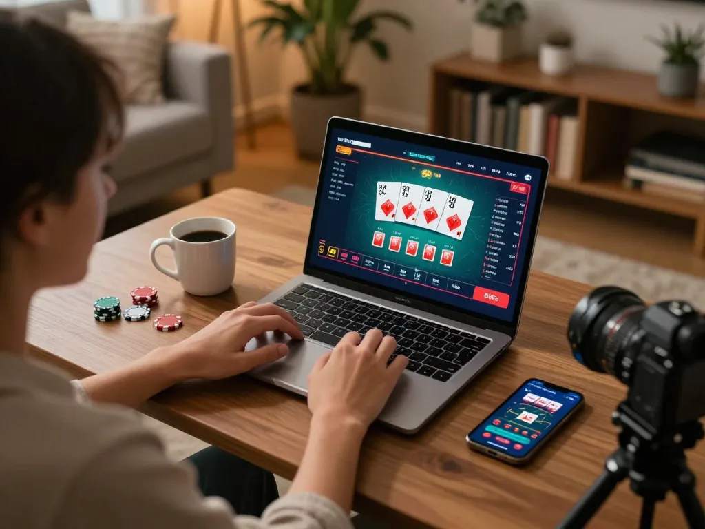 Engaging online poker gameplay session with mb666 at home featuring strategic elements and cozy atmosphere.