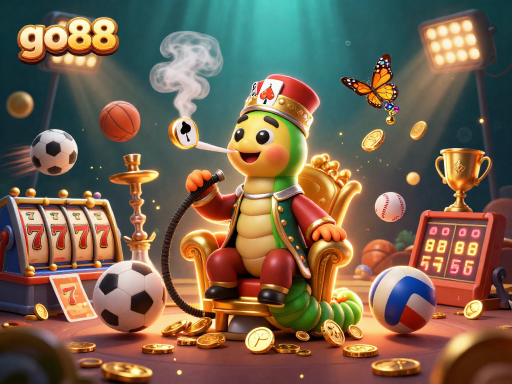 Engage with go88's exciting gaming world through vibrant visuals of a Turkish sultan caterpillar and sports elements.