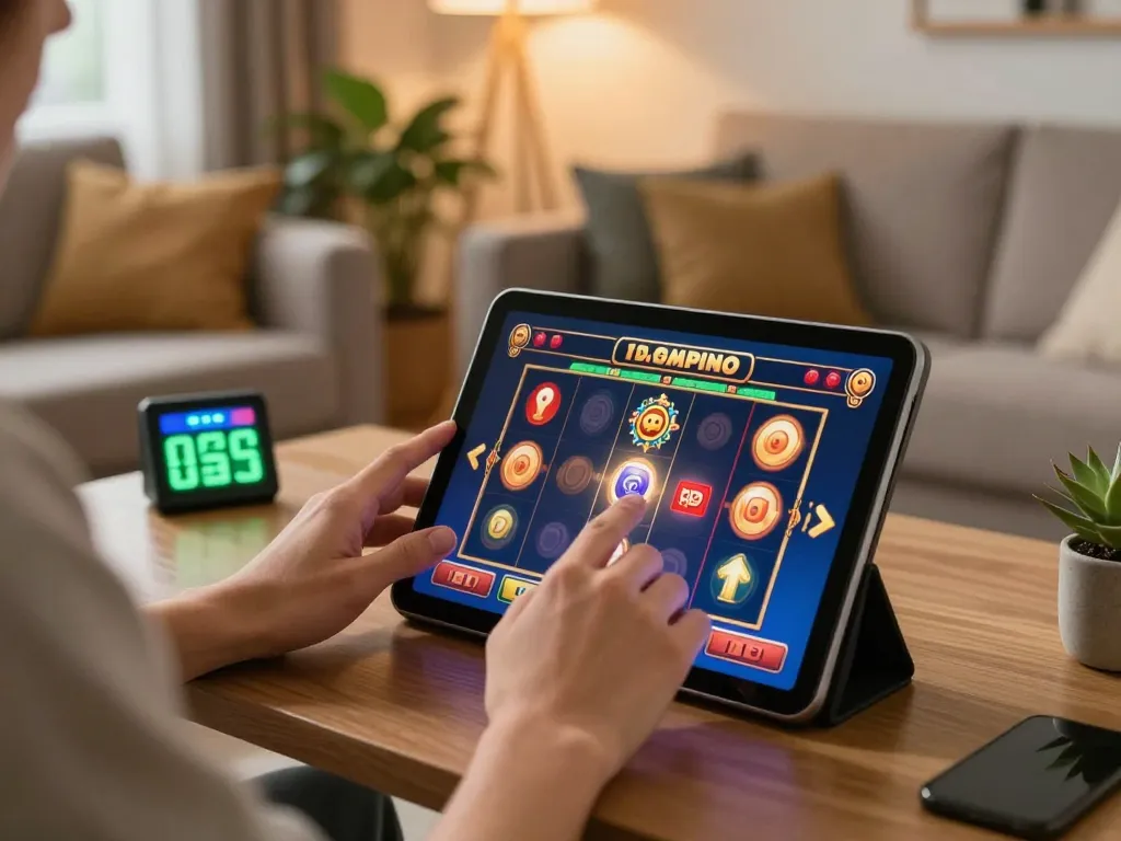 Cucu777 user spinning online slot reels on tablet in cozy home environment.