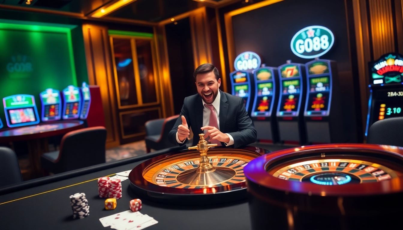 Gambling scene at https://go88app.cn.com/ showcasing poker chips and cards against a glamorous casino backdrop.