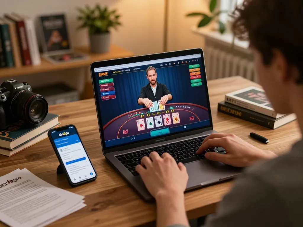 Engaging gameplay on abc8go app with live dealer blackjack, showcasing a cozy home setup.