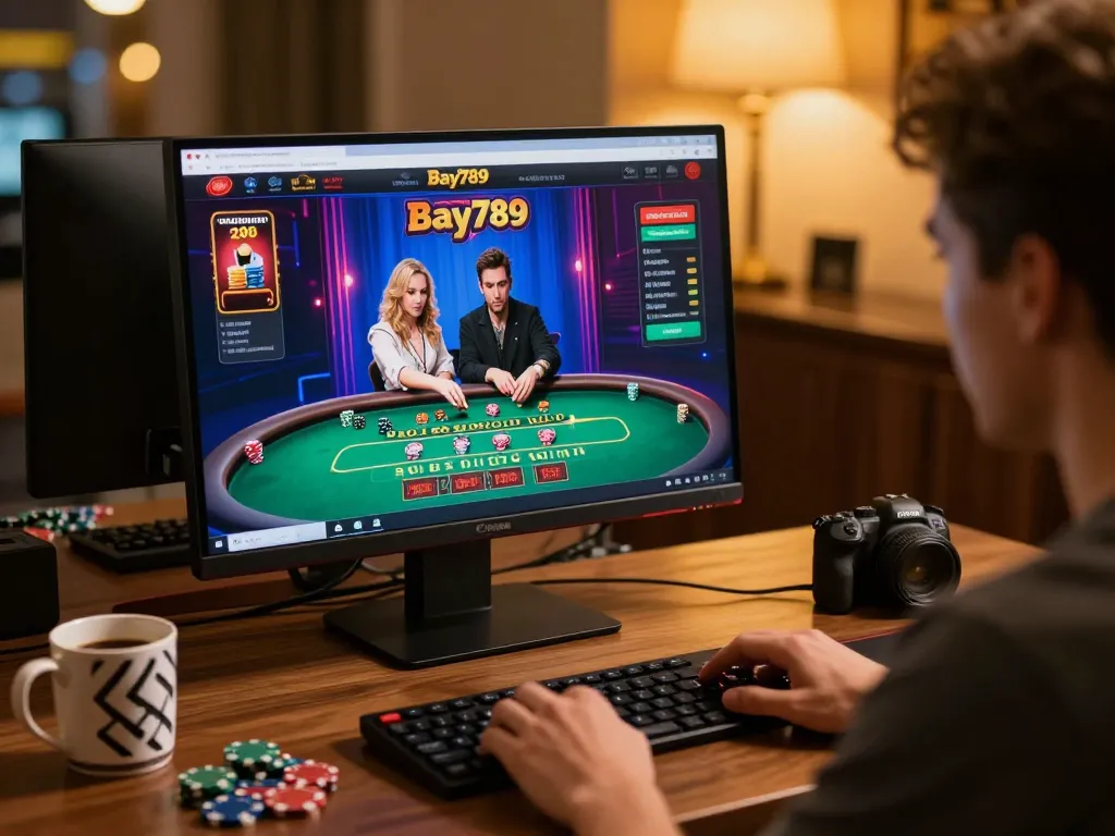Bay789 online gaming scene with live dealer blackjack gameplay showing betting action and strategy.