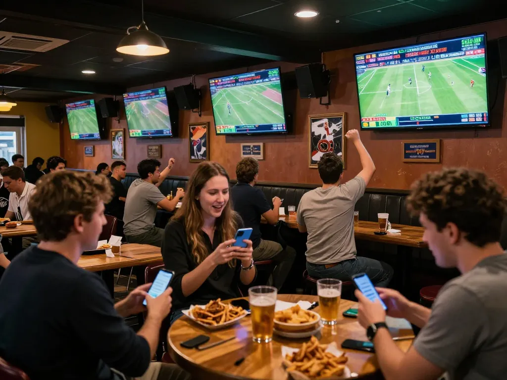 Tỷ lệ kèo nhà cái 5 sports betting scene with fans cheering and monitoring bets.