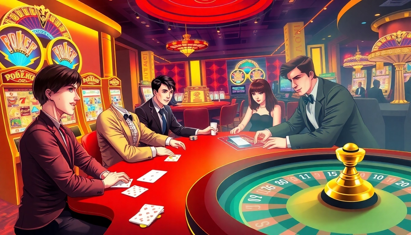 Players enjoying high-stakes poker at the vibrant 88XX casino platform, showcasing excitement and luxury.