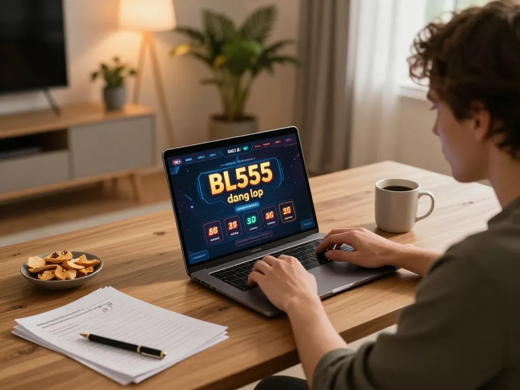 Engaged user accessing bl555 đăng nhập online casino on a laptop, vibrant home gaming environment
